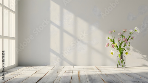 Table background of free space and kitchen interiorWhite wall with shadows and sunny warm morning timeCopy space for your composition Easter table with spring flowers in a sunny April    Generative AI