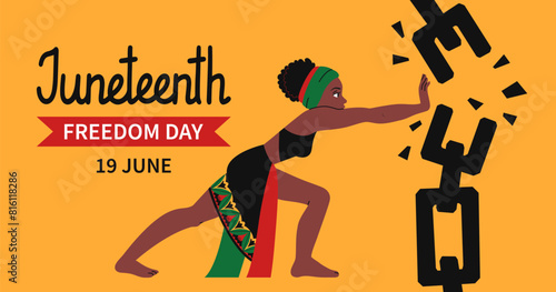 Juneteenth freedom day web banner. African-American Independence Day Background. Woman in ethnic clothes breaks chains. Holiday template for card, poster with lettering. Vector flat illustration.