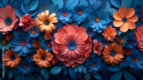 A top-down view capturing the intricate details of hand-cut paper blossoms  each one bursting with a kaleidoscope of hues  against a tranquil blue background