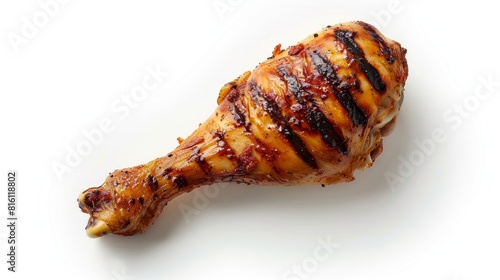 Tasty grilled chicken leg on white background, top view. BBQ food hyper realistic 