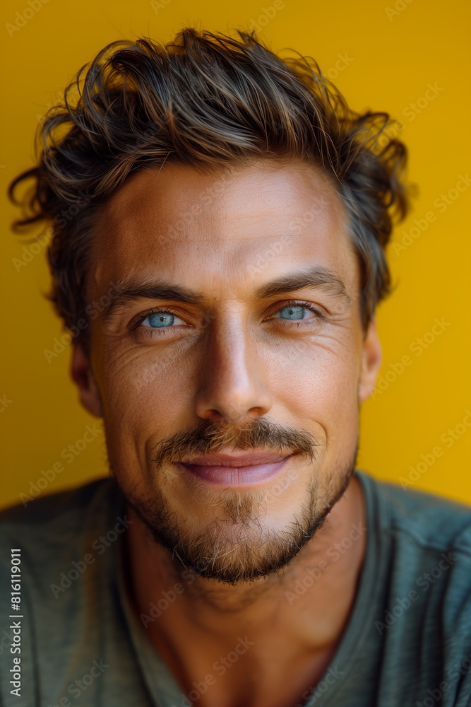 Front view portrait of mature man with beard on yellow background Front view portrait of mature man with beard on yellow background