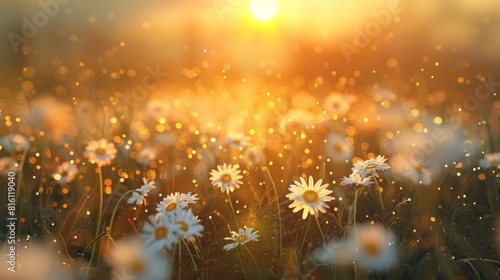 The landscape of white daisy blooms in a field, with the focus on the setting sun. The grassy meadow is blurred, creating a warm golden hour effect during sunset and sunrise time. hyper realistic 