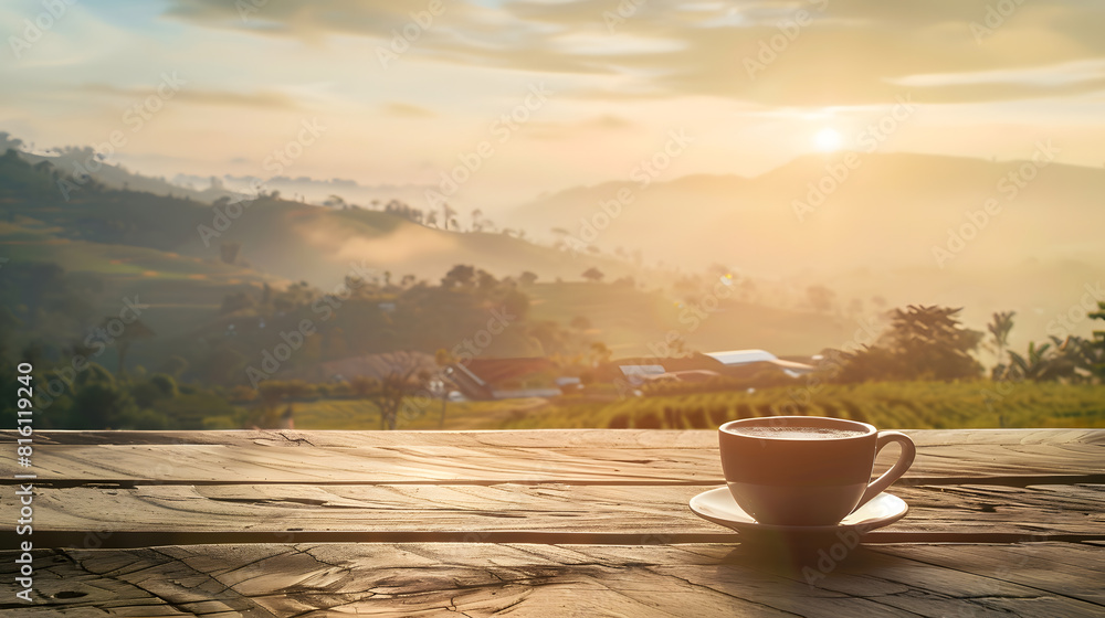 Coffee on empty wooden table with landscapes background Vintage style : Generative AI Coffee on empty wooden table with landscapes background Vintage style : Generative AI