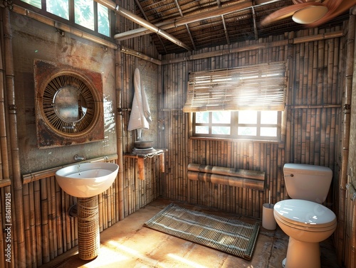 Bathroom with an ocean view, sandy floors, and cooling mist for hot weatherphoto realistic, natural lighting, high resolution photography photo