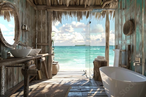 Beach hut bathroom with driftwood decor and an ocean view in hot weatherphoto realistic, natural lighting, high resolution photography