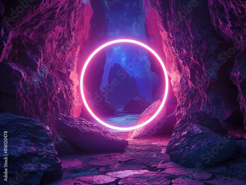 Mystical Gateway: Abstract Portal Stone Gate with Neon Circle Glow photo