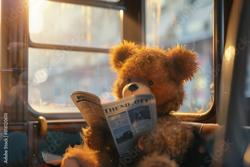 teddy bear in the window read newspaper photo