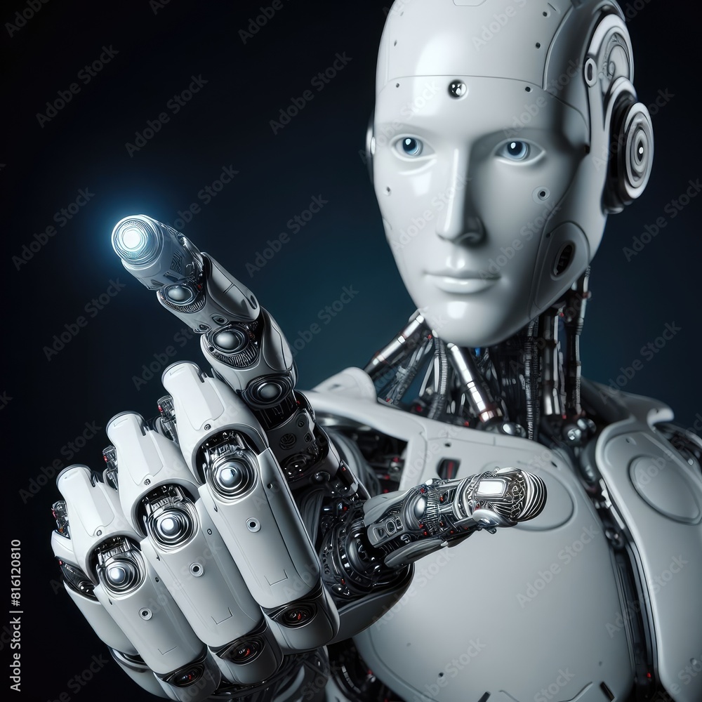 White cyborg robotic hand pointing his finger White cyborg robotic hand pointing his finger