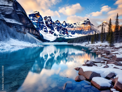 A serene lake nestled amidst snow-capped mountains in the Canadian Rockies, offering breathtaking views