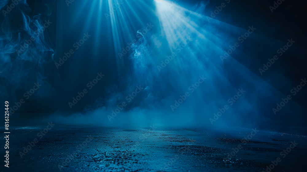 Obraz premium Rays spotlights light Empty dark scene with blue light Asphalt blue dark street with smoke : Generative AI
