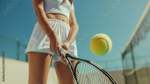 partial view of sportive young woman holding tennis racket and ball while playing on white