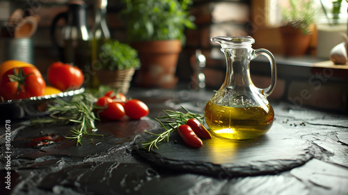 Culinary background with kitchen slate round board olive oil in a jug and vegetables Empty space for menu or recipe with selective focus : Generative AI