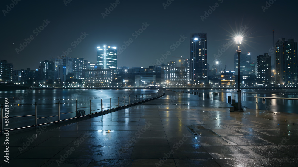 Fototapeta premium night scene of seoul from empty floor near river : Generative AI