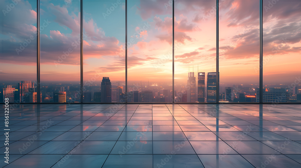 Fototapeta premium Empty floor and modern city skyline with sky clouds at sunset : Generative AI
