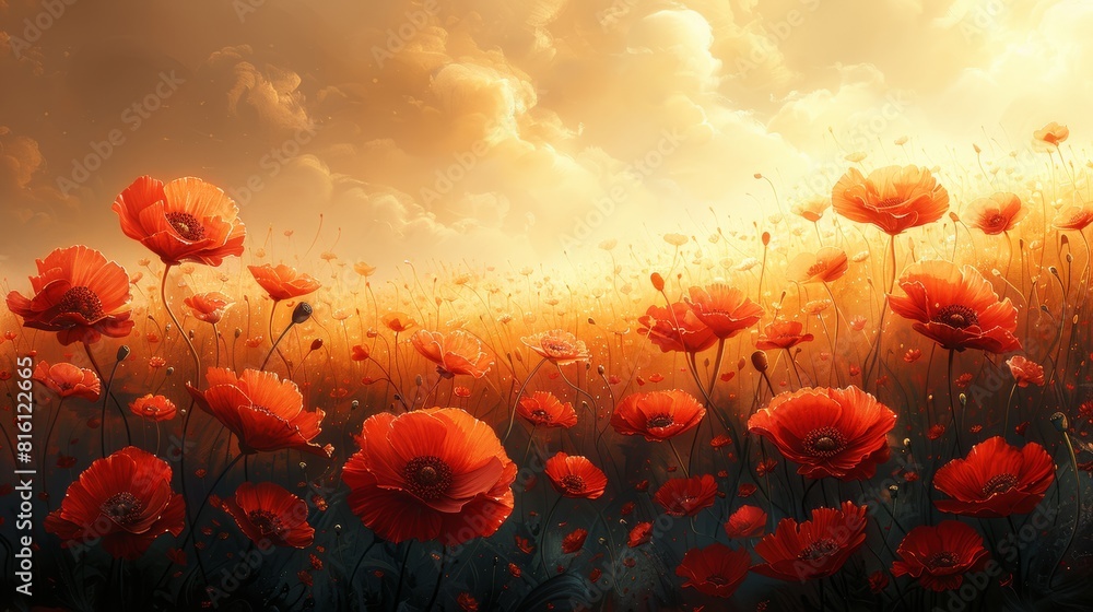 Obraz premium Sunset glow over poppy field