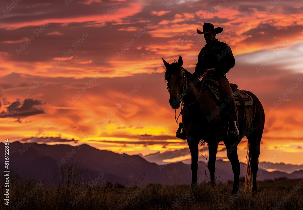 Silhouette of cowboy on horse against sunset sky with the background in warm orange and pink hues, capturing both ruggedness and beauty of western landscape Generative AI Silhouette of cowboy on horse against sunset sky with the background in warm orange and pink hues, capturing both ruggedness and beauty of western landscape Generative AI