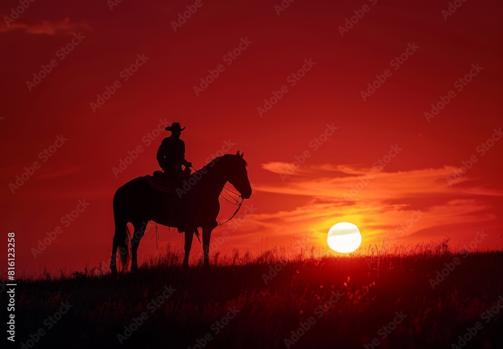 Silhouette of cowboy on horse against sunset sky, orange and black colors Generative AI Silhouette of cowboy on horse against sunset sky, orange and black colors Generative AI