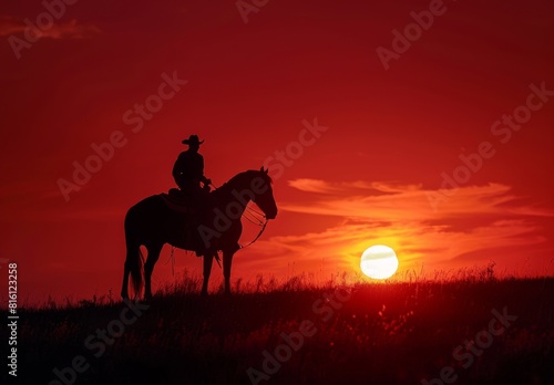 Silhouette of cowboy on horse against sunset sky, orange and black colors Generative AI