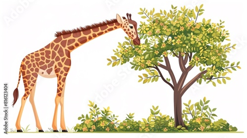 Beautiful giraffe eating leaves in nature illustration