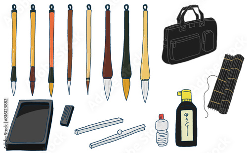 書道道具の手描きイラストセット