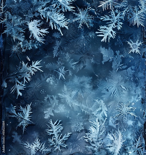Captivating frost patterns on a dark blue surface, an ideal abstract background or wallpaper that evokes winter's chill and could be a best seller