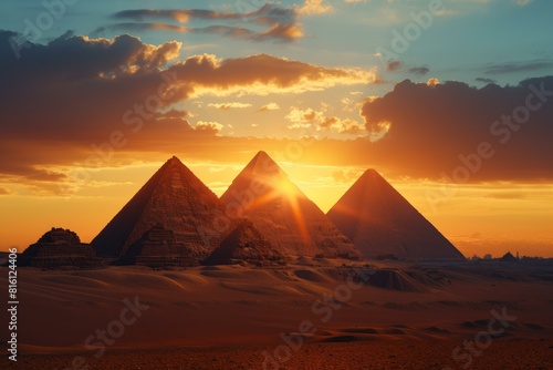 Golden sunset casting a warm glow over the iconic pyramids of giza in egypt photo