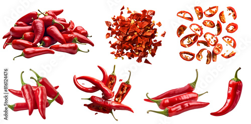Red chili chilli chilies pepper fruit vegetable, many angles view side top front group slice cut on transparent background cutout, PNG file. Mockup template for artwork graphic design