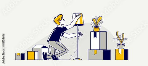 Moving to new apartment or business moving to new office, person carry and unpack boxes with stuff, beginning of new life, vector outline illustration.