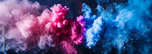 A panoramic abstract of vivid pink, blue, and purple ink plumes dispersed in water, ideal as a wallpaper and best seller photo