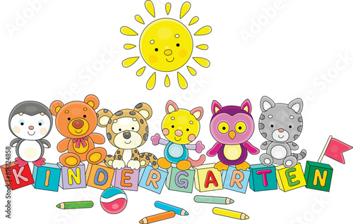 Funny toys with cute cartoony baby animals and a smiling sun, colorful bricks with letters, color pencils and a ball in a kindergarten, vector cartoon illustration on a white background