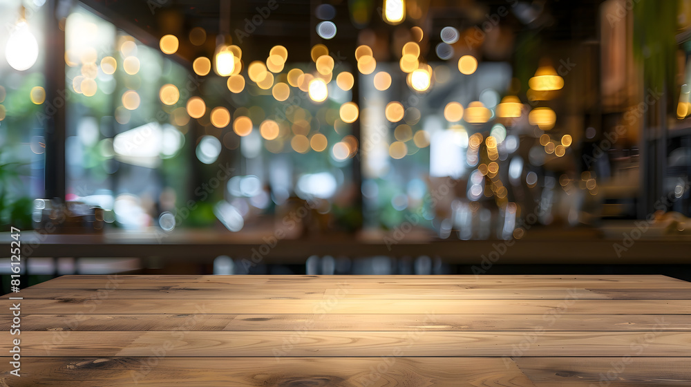 Wood table in blurry background of modern restaurant room or coffee shop with empty copy space on the table for product display mockup Interior restaurant counter design concept : Generative AI Wood table in blurry background of modern restaurant room or coffee shop with empty copy space on the table for product display mockup Interior restaurant counter design concept : Generative AI