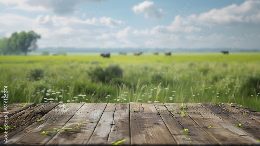 Empty wooden table top with grass field and cows background : Generative AI