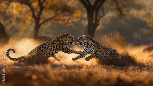 two jaguar fighing over Massai marah jungle in south africa created by ai photo