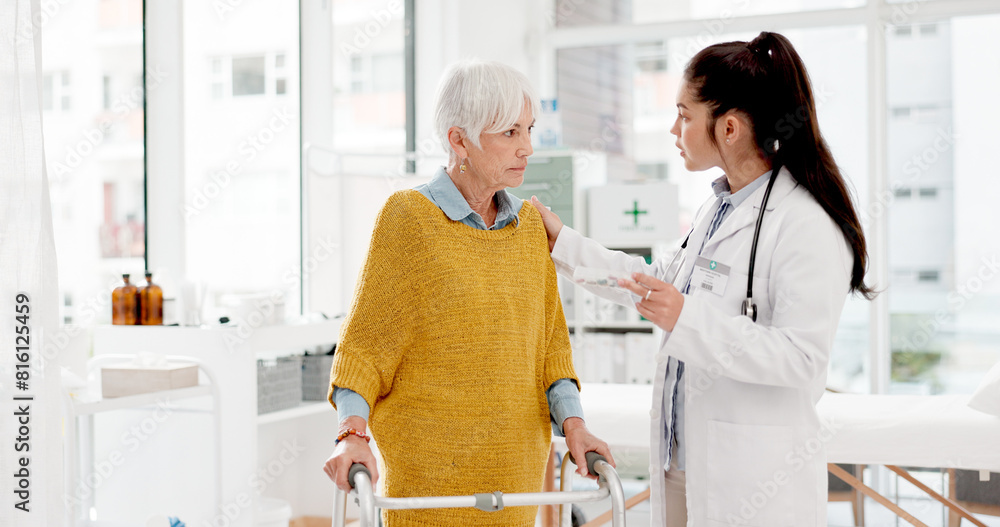 Fototapeta premium Walking frame, medicine or doctor with a senior patient in consultation for healthcare advice at hospital. Prescription, pills or medical worker talking to elderly woman for rehabilitation at clinic