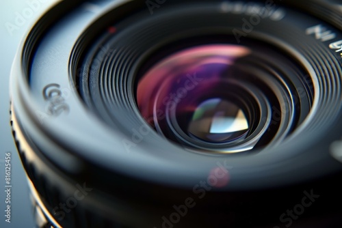 Macro shot of a dslr camera lens with visible lens details and reflections