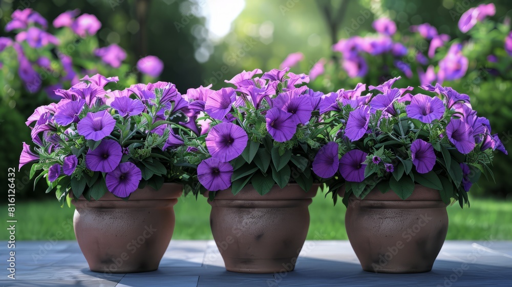 Fototapeta premium Beautiful purple petunia flowers blossoming in flower pots in a backyard. hyper realistic 