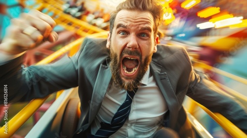 Businessman ride fast pace on roller coaster in amusement park. Frightened entrepreneur facing business setbacks, illustrating the emotional rollercoaster of entrepreneurship. hyper realistic 