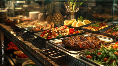 Fototapeta Naklejka Na Ścianę i Meble -  Catering buffet food indoor in restaurant with grilled meat. hyper realistic 