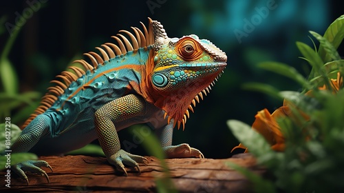 A stunningly detailed and realistic digital painting of a bright blue and orange iguana.