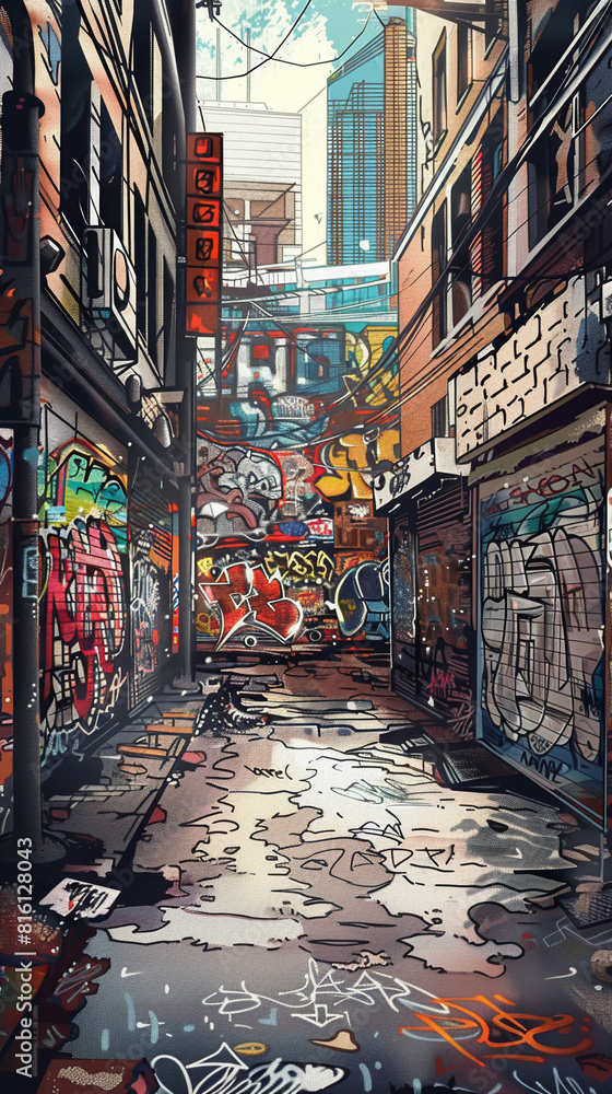 Fototapeta premium Vector 3D of an urban alley with graffiti and skateboarders,watercolor illustrations