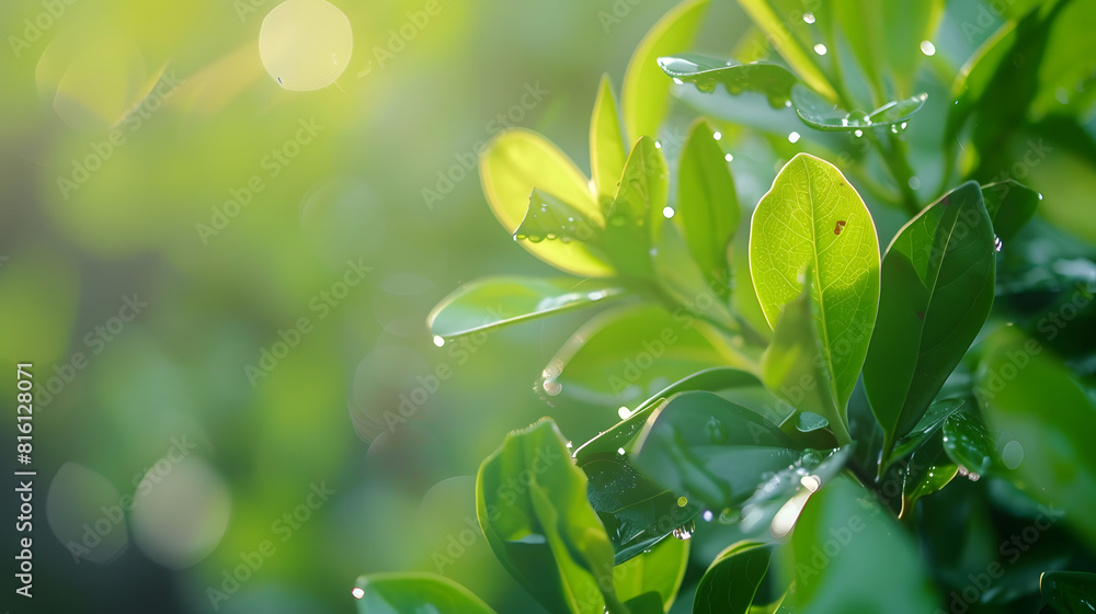 Fototapeta premium Green plant leaves with dew for natural product background : Generative AI