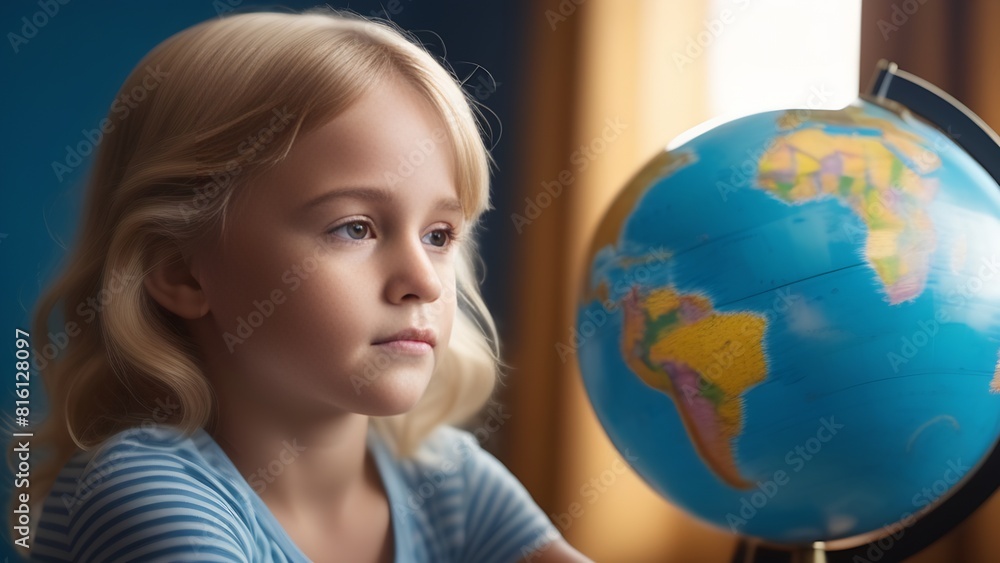 Little girl looking at the globe, dark background Little girl looking at the globe, dark background