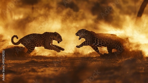 two jaguar fighing over Massai marah jungle in south africa created by ai photo