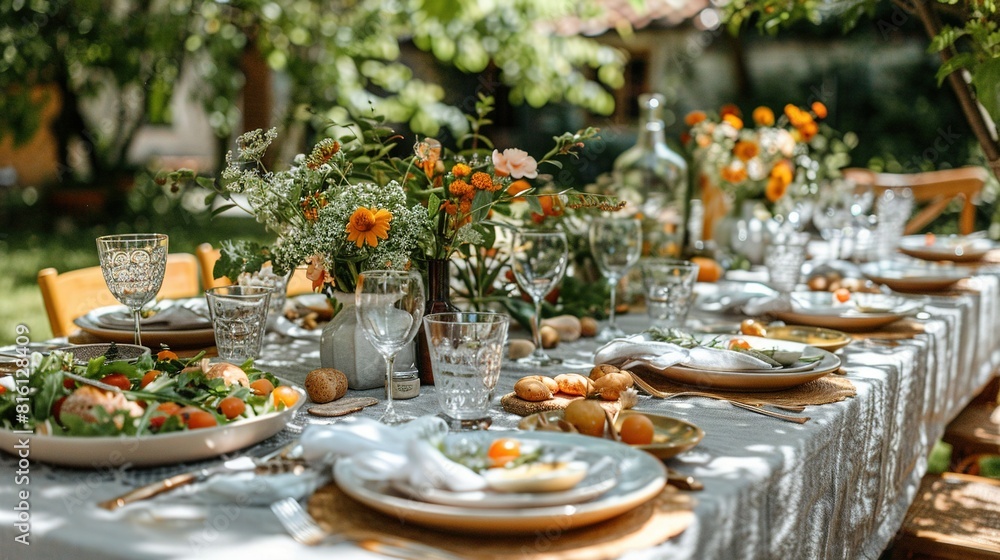   A table displays plates of food, glasses of water, and an orange vase with greenery