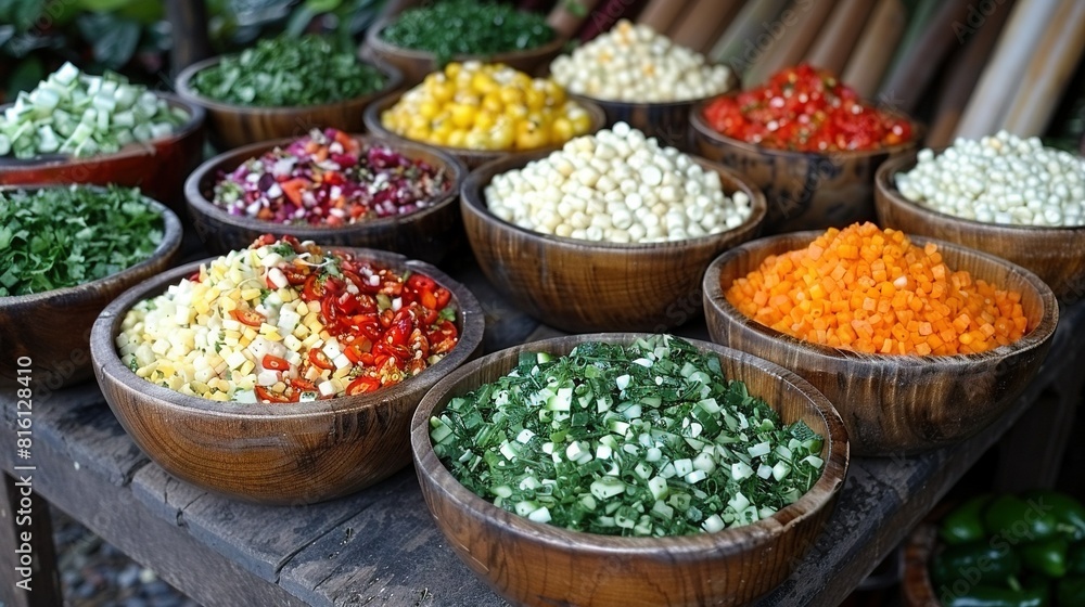   A wooden table topped with wooden bowls holding various vegetables and beside a stack of peppers