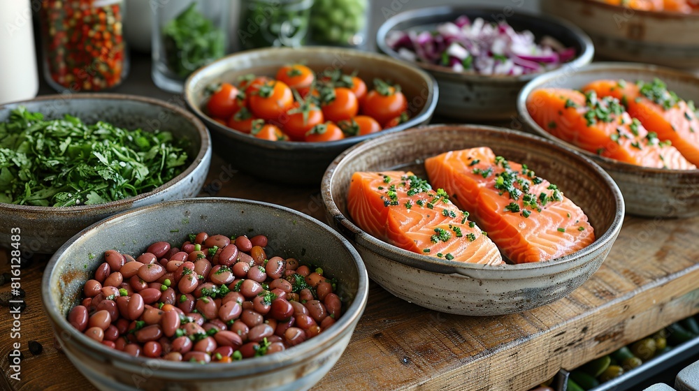 A wooden table adorned with bowls holding diverse veggies and fish, resting on a wooden cutting board A wooden table adorned with bowls holding diverse veggies and fish, resting on a wooden cutting board