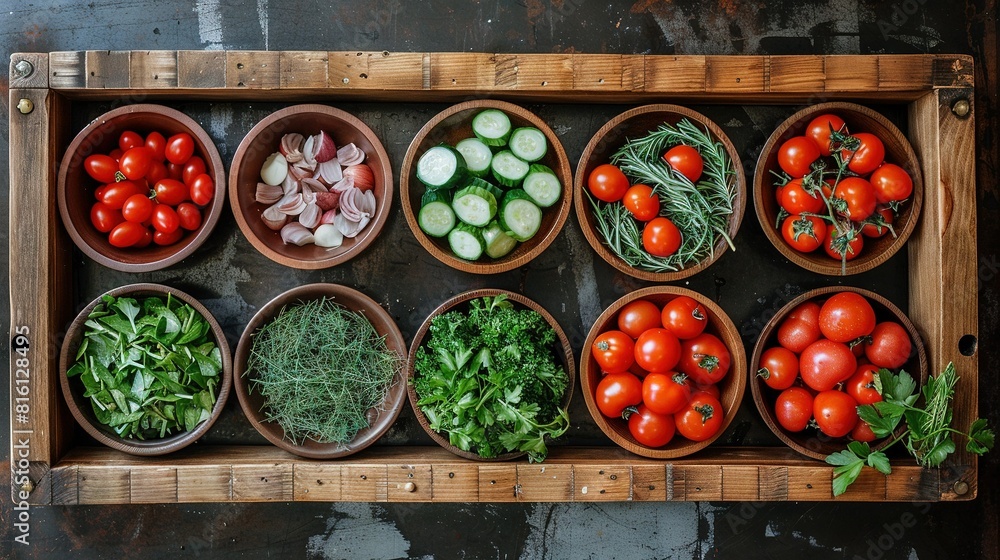   A wooden tray overflowing with an array of diverse tomatoes, cucumbers, and various vegetables