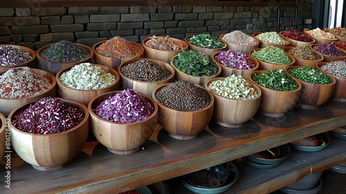  A table adorned with wooden bowls containing various sprinkles