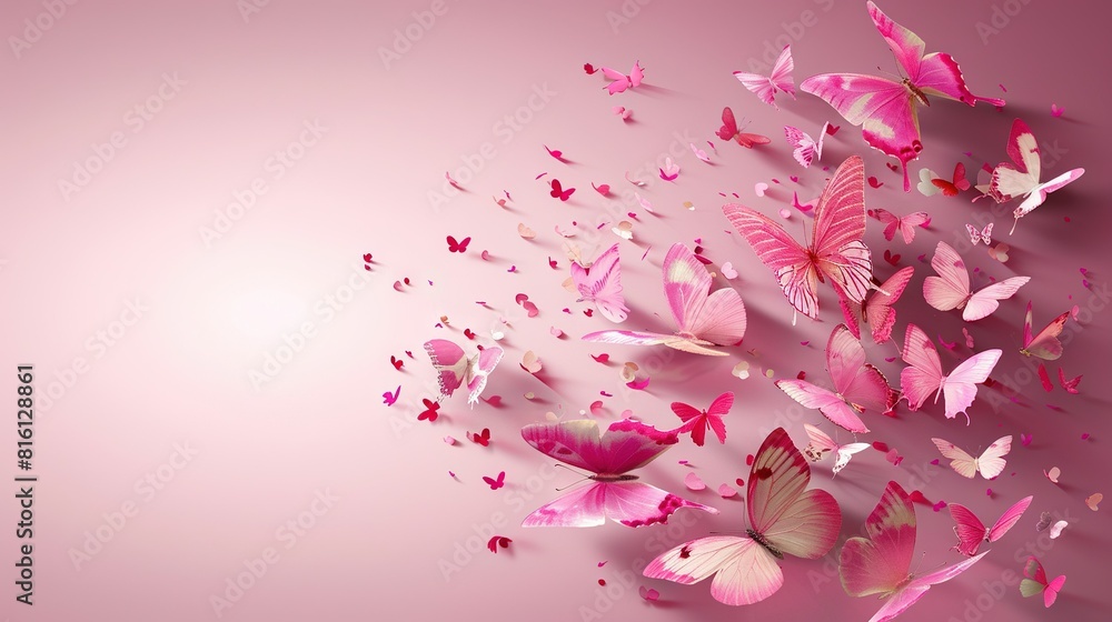 Pink butterflies soaring on a pink backdrop with a speck mid-image Pink butterflies soaring on a pink backdrop with a speck mid-image