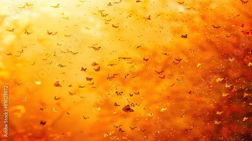   A group of vibrant butterflies gracefully flies above an arboreal tree bursting with warm hues on a radiant day photo